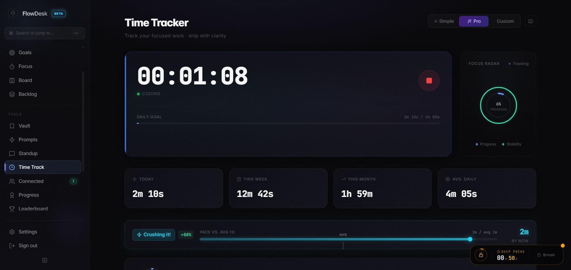FlowDesk student productivity dashboard with coding tasks, focus timer, and progress tracking